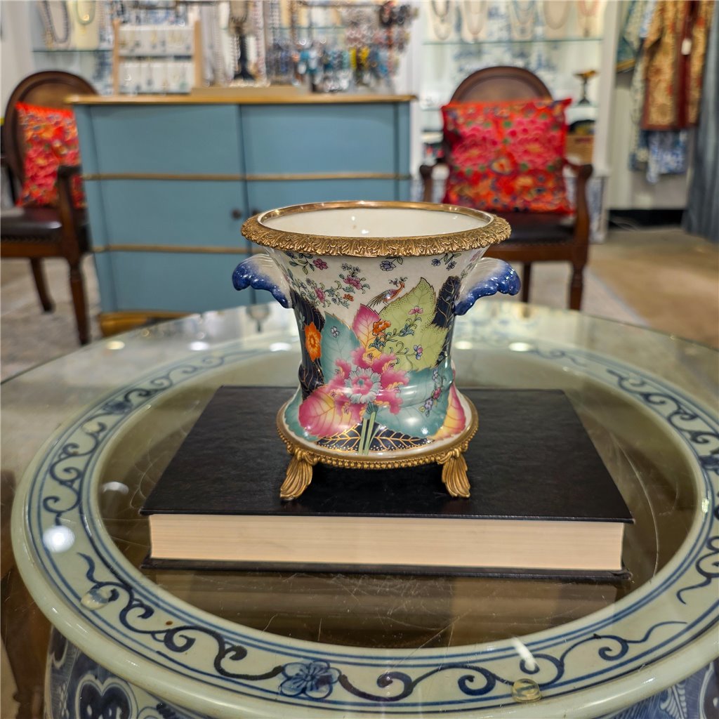 Danny's Fine Porcelain Porcelain Cachepot with Ormolu Base-Tobacco Leaf A Vibrant Porcelain Cachepot