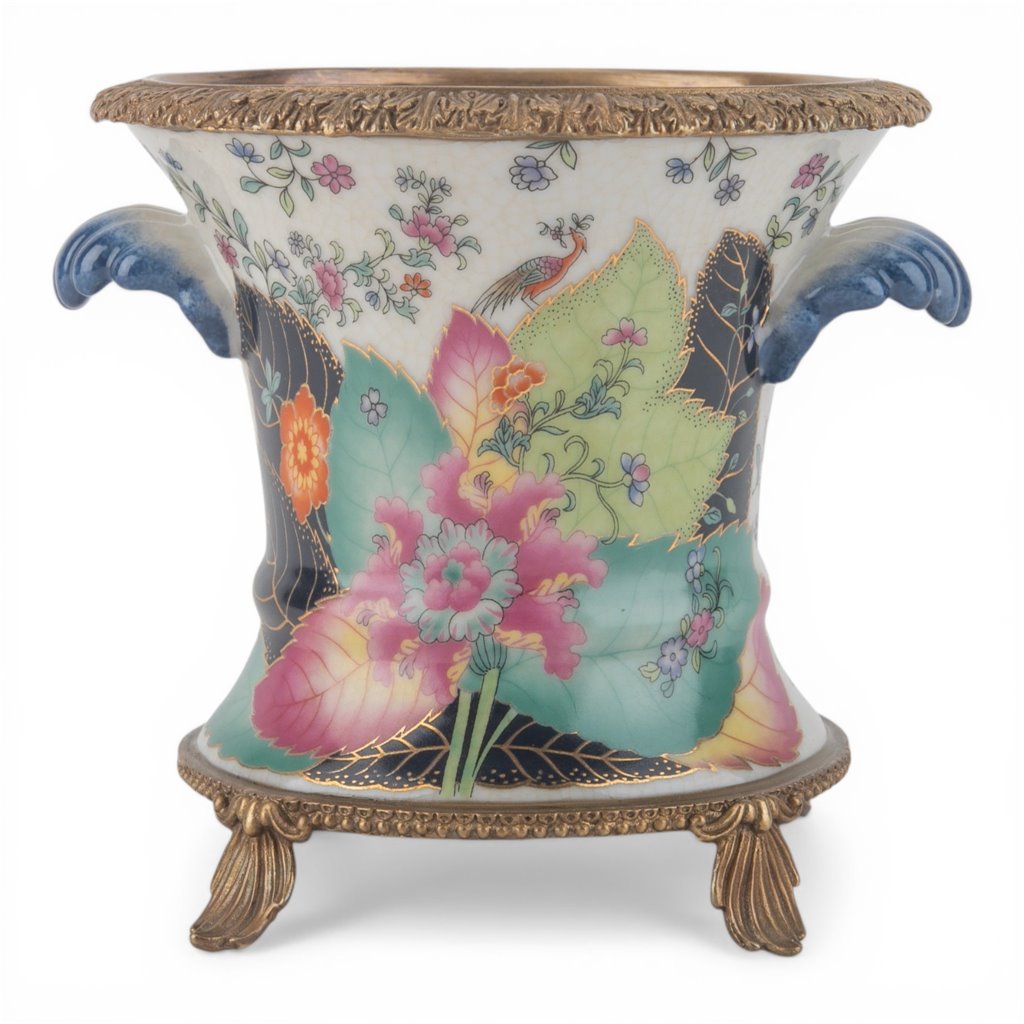 Danny's Fine Porcelain Porcelain Cachepot with Ormolu Base-Tobacco Leaf A Vibrant Porcelain Cachepot
