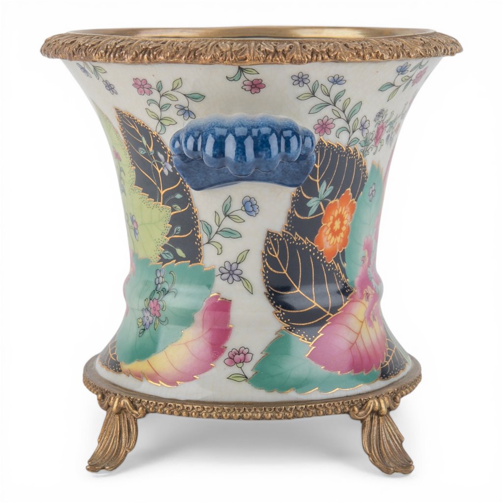Danny's Fine Porcelain Porcelain Cachepot with Ormolu Base-Tobacco Leaf A Vibrant Porcelain Cachepot