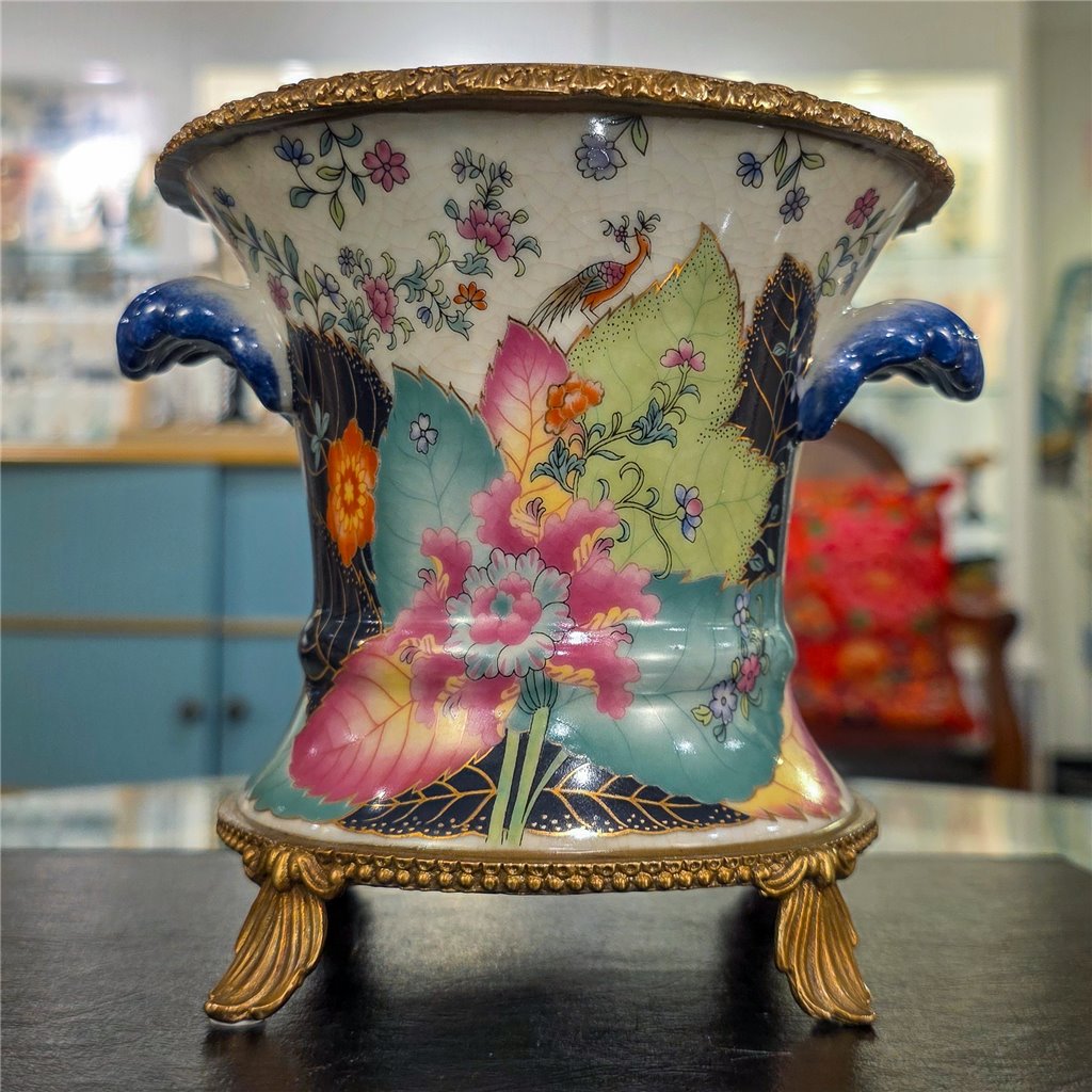 Danny's Fine Porcelain Porcelain Cachepot with Ormolu Base-Tobacco Leaf A Vibrant Porcelain Cachepot