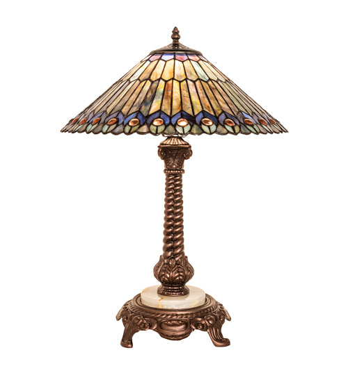 23" High Tiffany Jeweled Peacock Table Lamp