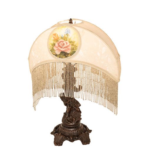 23" High Reverse Painted Roses Fabric with Fringe Table Lamp