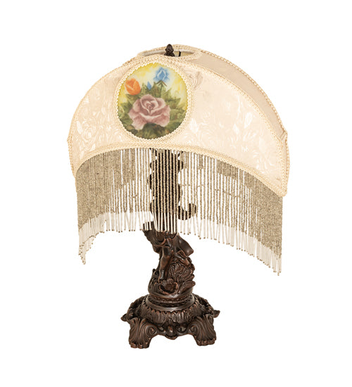 23" High Reverse Painted Roses Fabric with Fringe Table Lamp