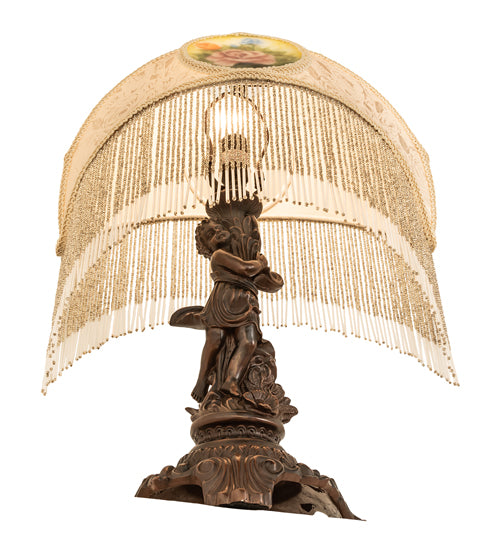 23" High Reverse Painted Roses Fabric with Fringe Table Lamp