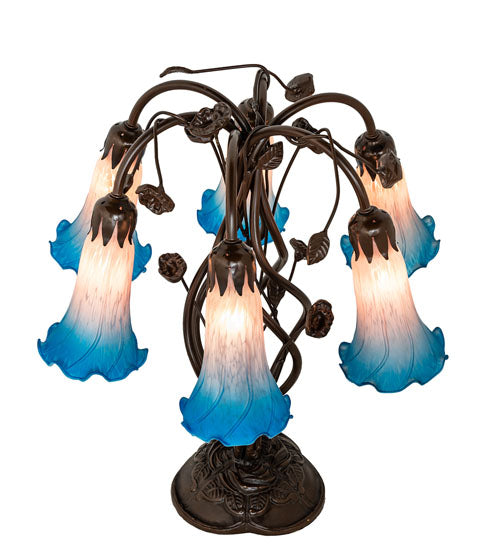 18" High Pink/Blue Tiffany Pond Lily 6 Light Table Lamp