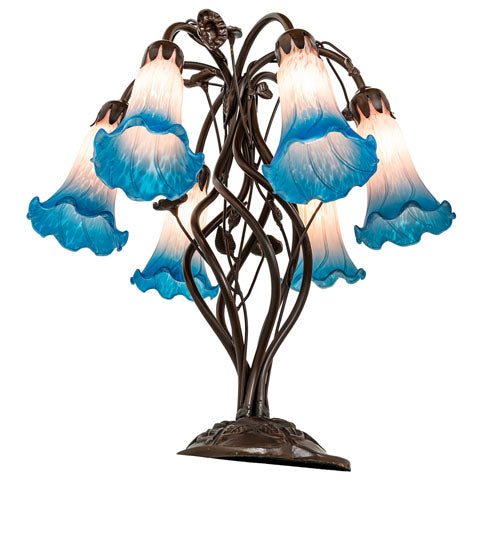 18" High Pink/Blue Tiffany Pond Lily 6 Light Table Lamp