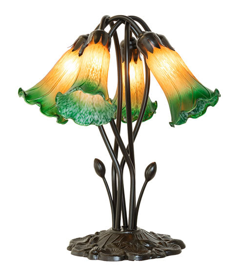 16" High Amber/Green Tiffany Pond Lily 5 Light Table Lamp