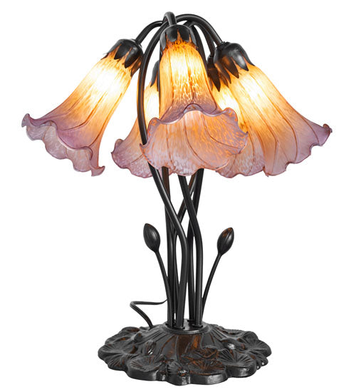 16" High Amber/Purple Tiffany Pond Lily 5 Light Table Lamp