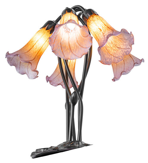 16" High Amber/Purple Tiffany Pond Lily 5 Light Table Lamp