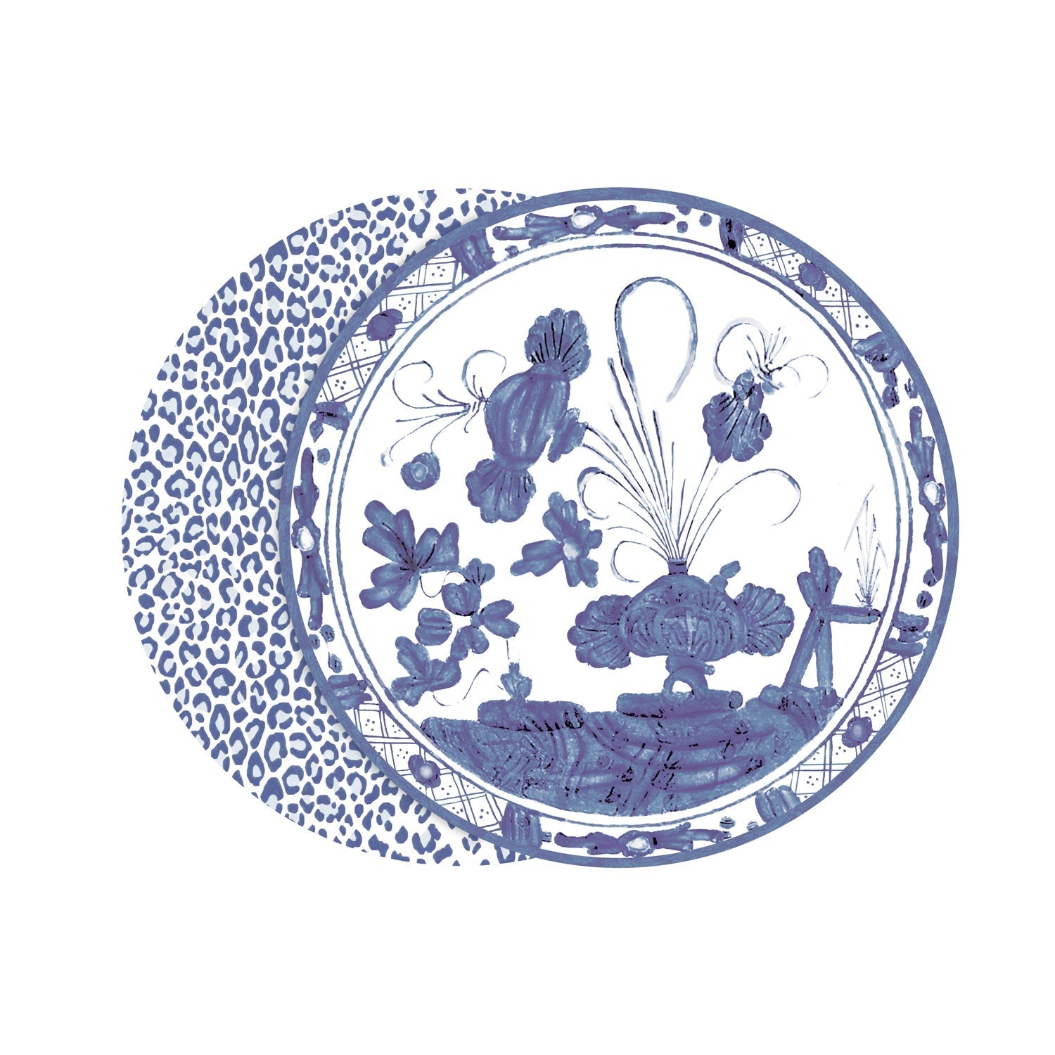 Beatriz Ball VIDA Faenza and Leopard Reversible Placemats Set of 4 (Blue and White) - PRE-ORDER