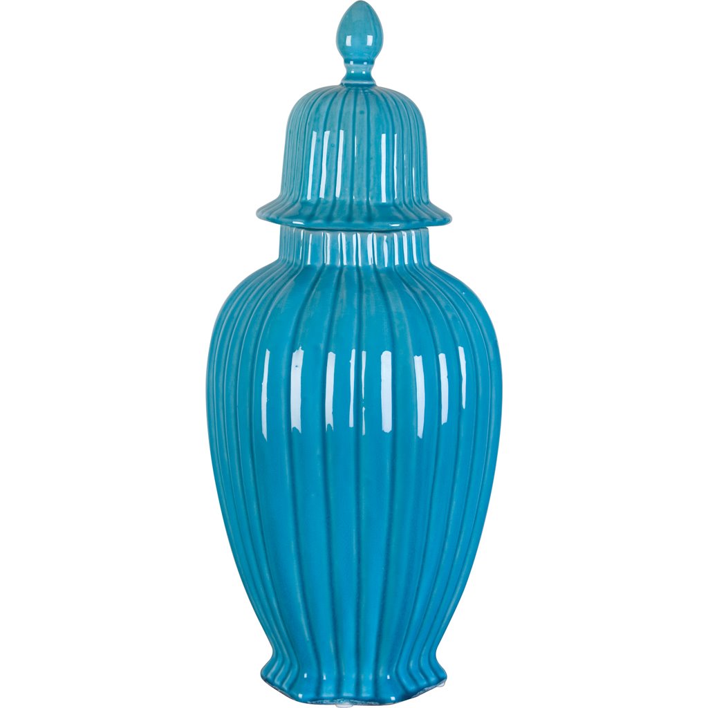 Danny's Fine Porcelain 19h X 9d Deep Sea Turquoise Hex Stripped Jar (tall)