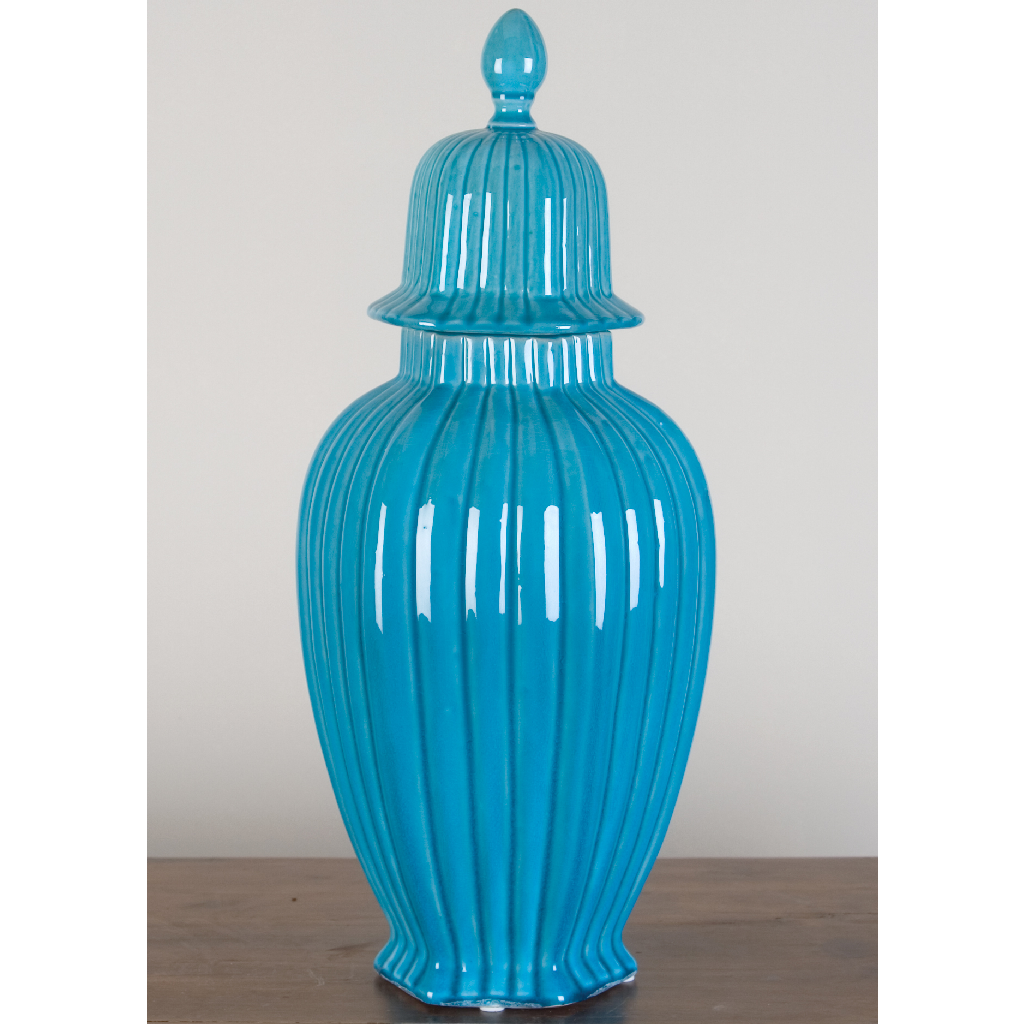 Danny's Fine Porcelain 19h X 9d Deep Sea Turquoise Hex Stripped Jar (tall)