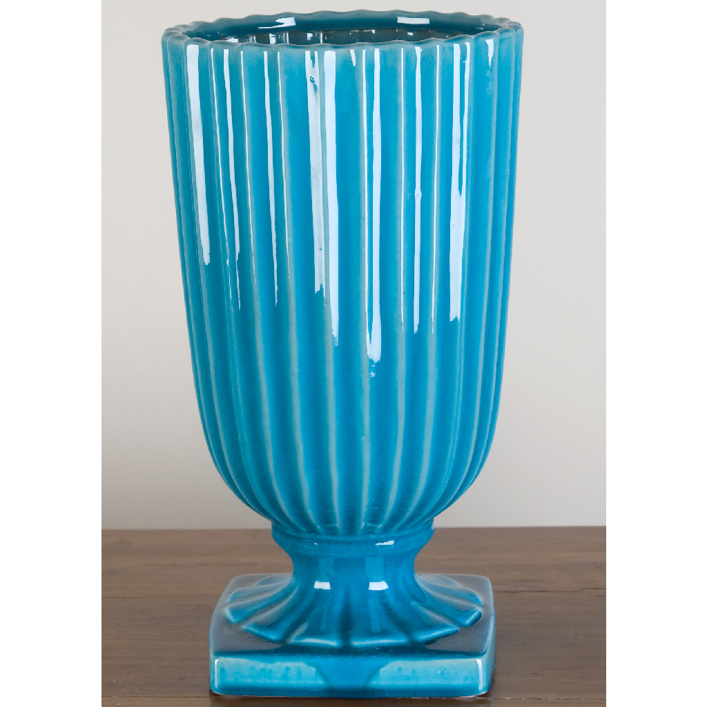 Danny's Fine Porcelain 13h X 6d Deep Sea Turquoise Stripped Flower Vase