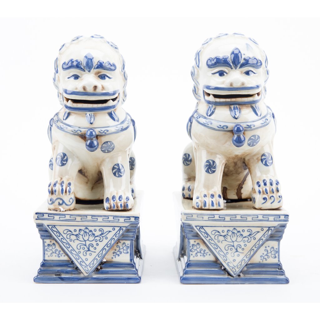Danny's Fine Porcelain Pair of Lucky Foo Dog-Blue & White