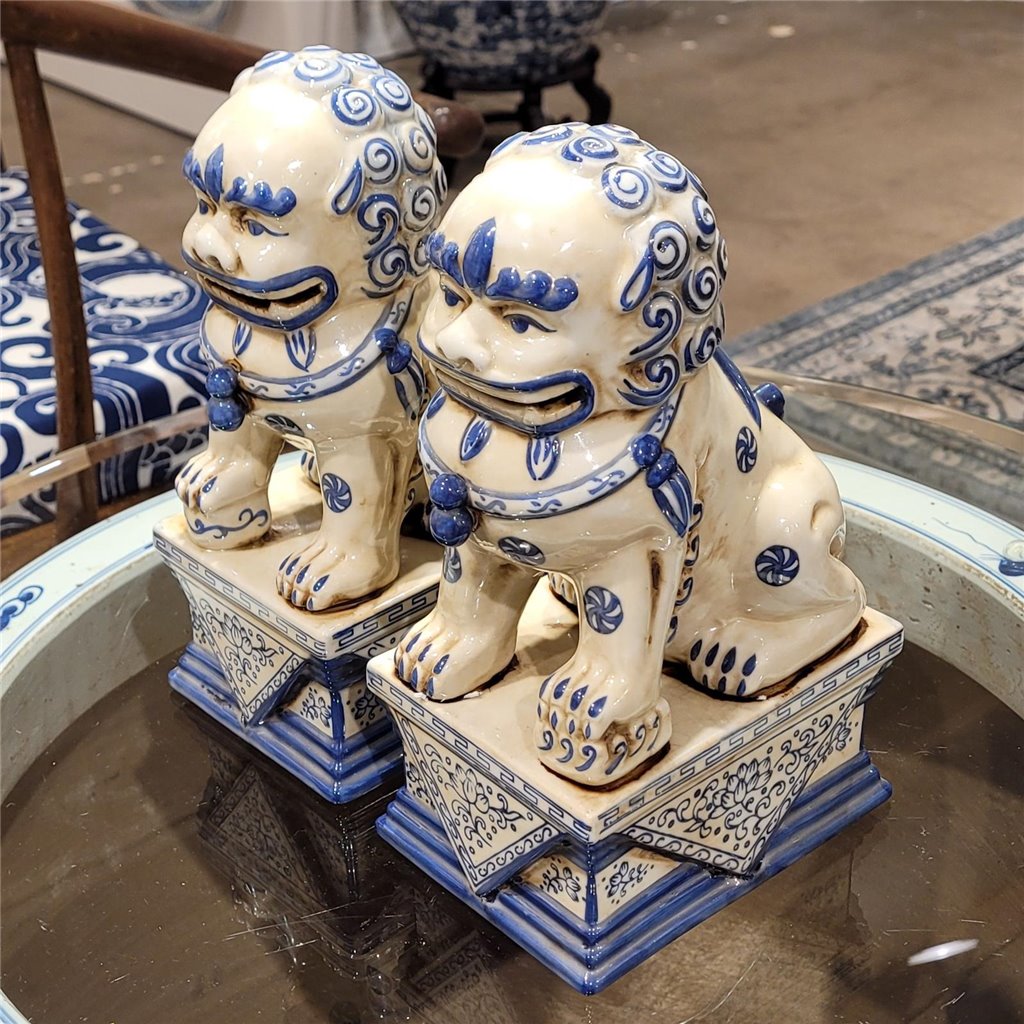 Danny's Fine Porcelain Pair of Lucky Foo Dog-Blue & White