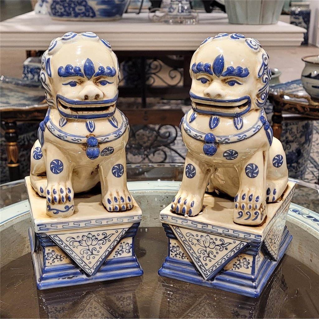 Danny's Fine Porcelain Pair of Lucky Foo Dog-Blue & White
