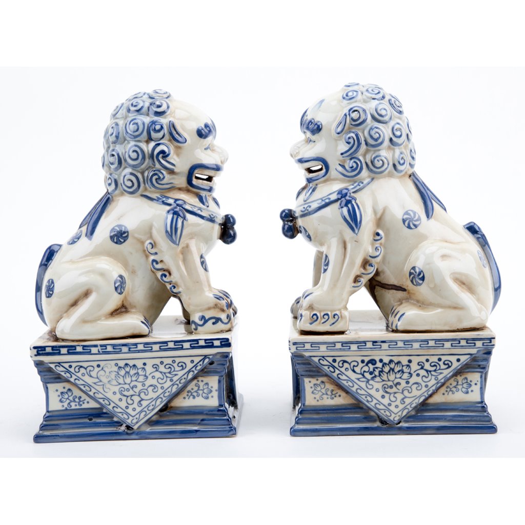 Danny's Fine Porcelain Pair of Lucky Foo Dog-Blue & White