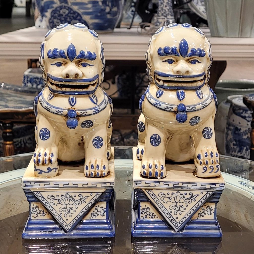 Danny's Fine Porcelain Pair of Lucky Foo Dog-Blue & White