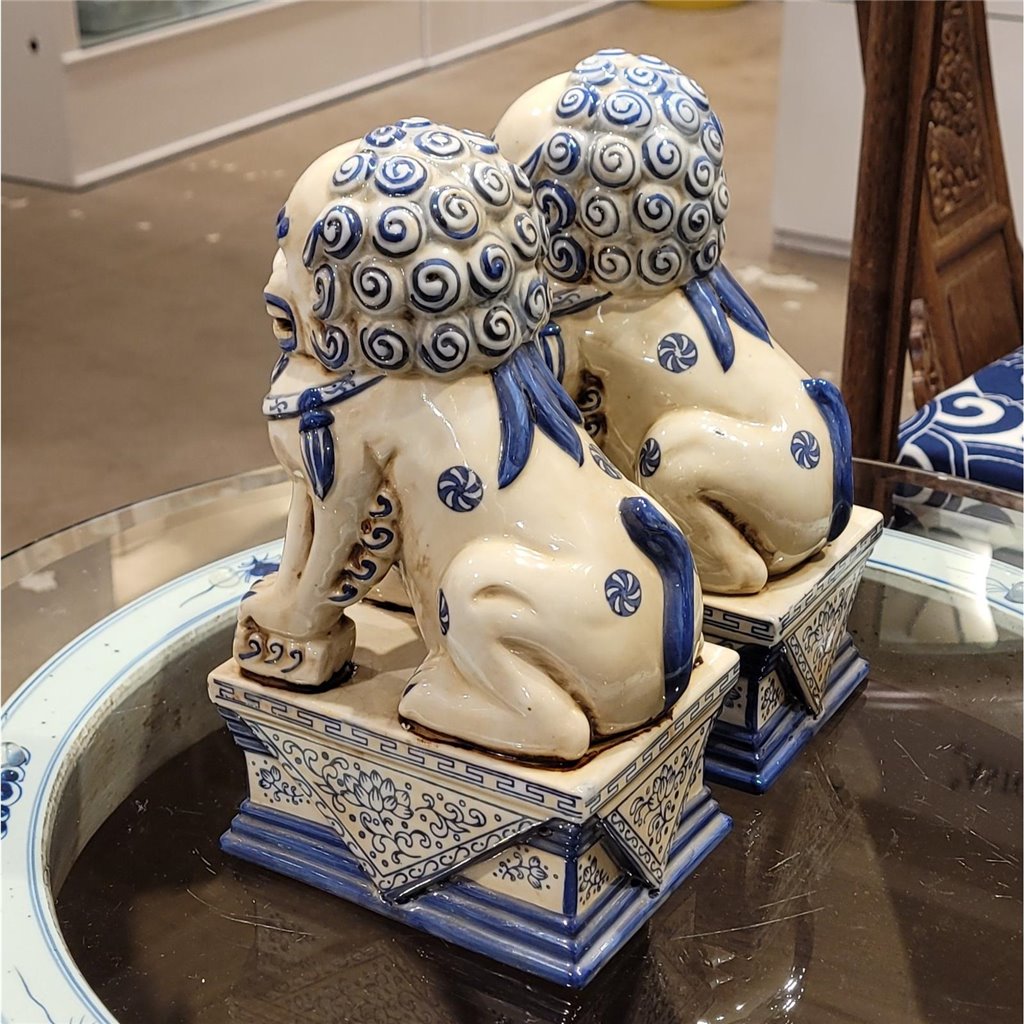 Danny's Fine Porcelain Pair of Lucky Foo Dog-Blue & White