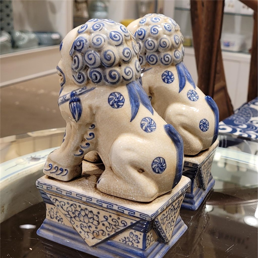 Danny's Fine Porcelain Small Pair of Lucky Foo Dog-Blue & White
