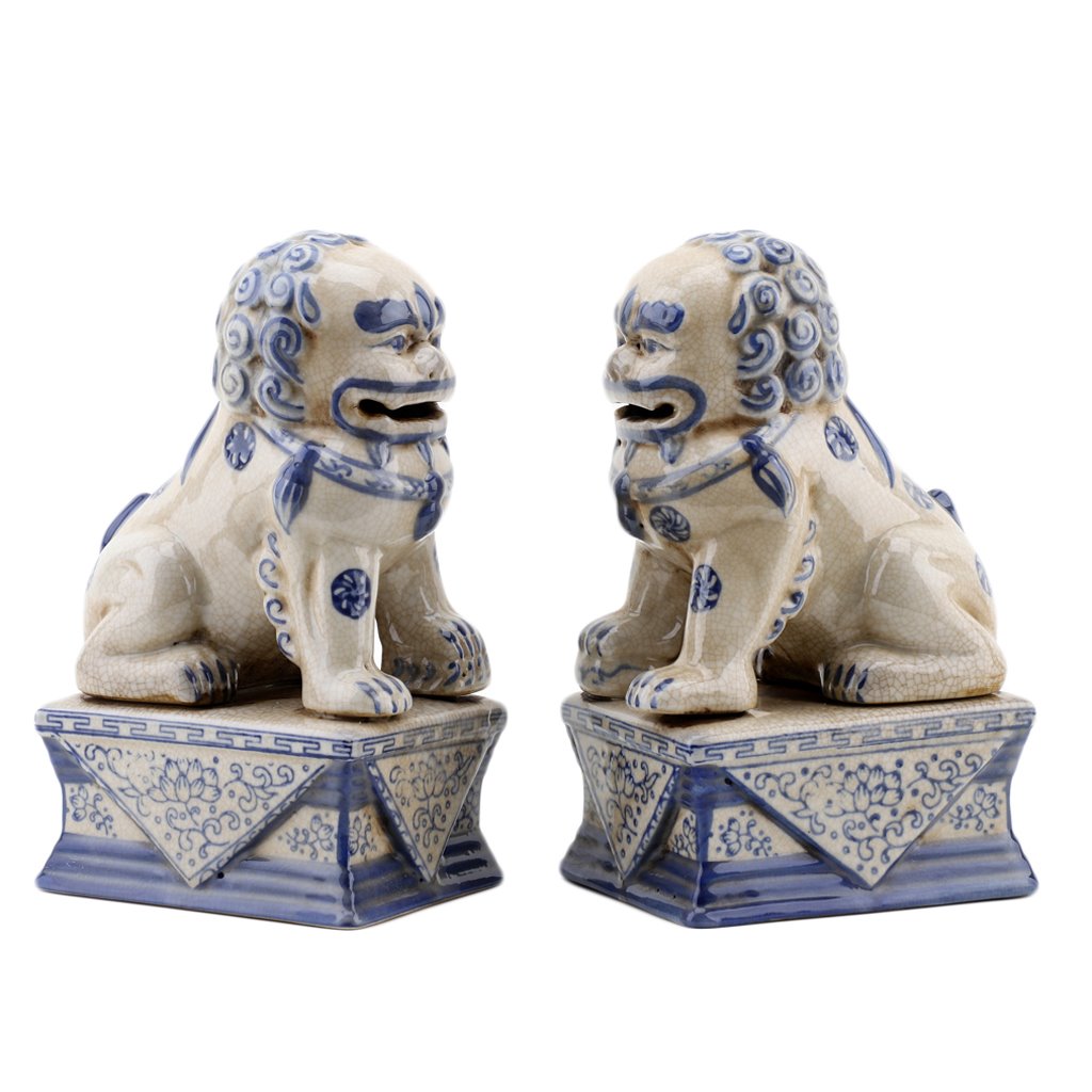 Danny's Fine Porcelain Small Pair of Lucky Foo Dog-Blue & White