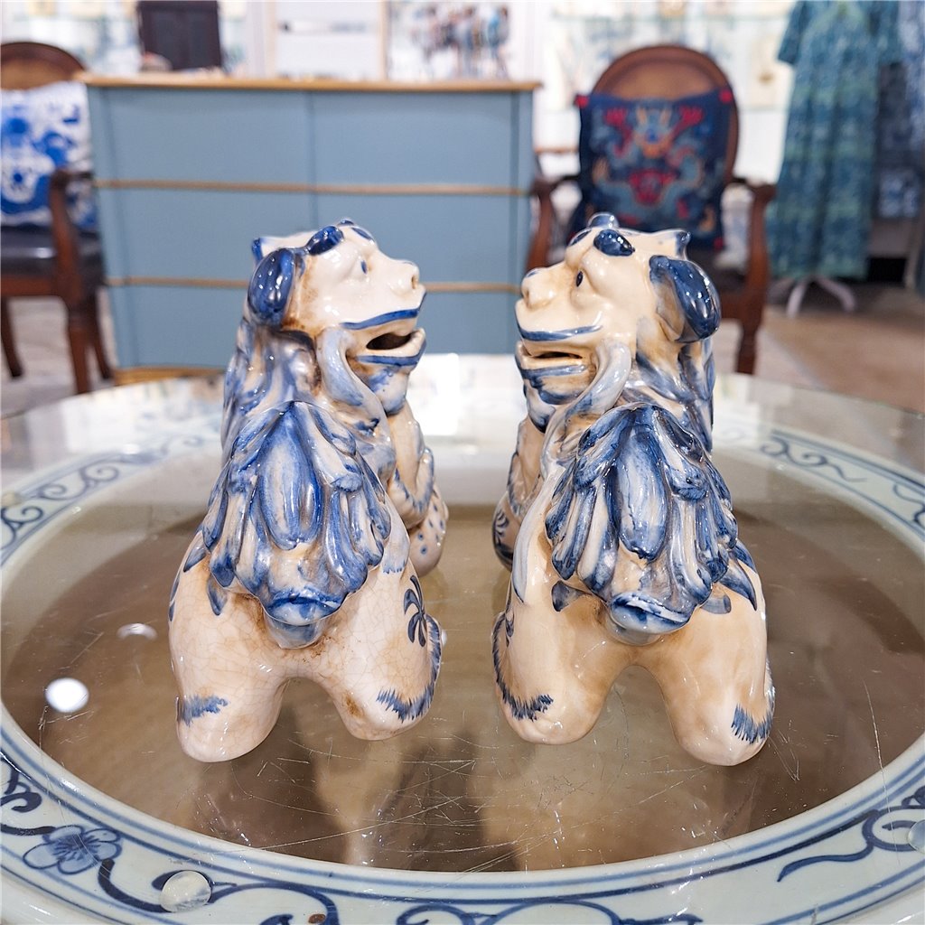 Danny's Fine Porcelain Small Pair of Lucky Foo Dog-Blue & White