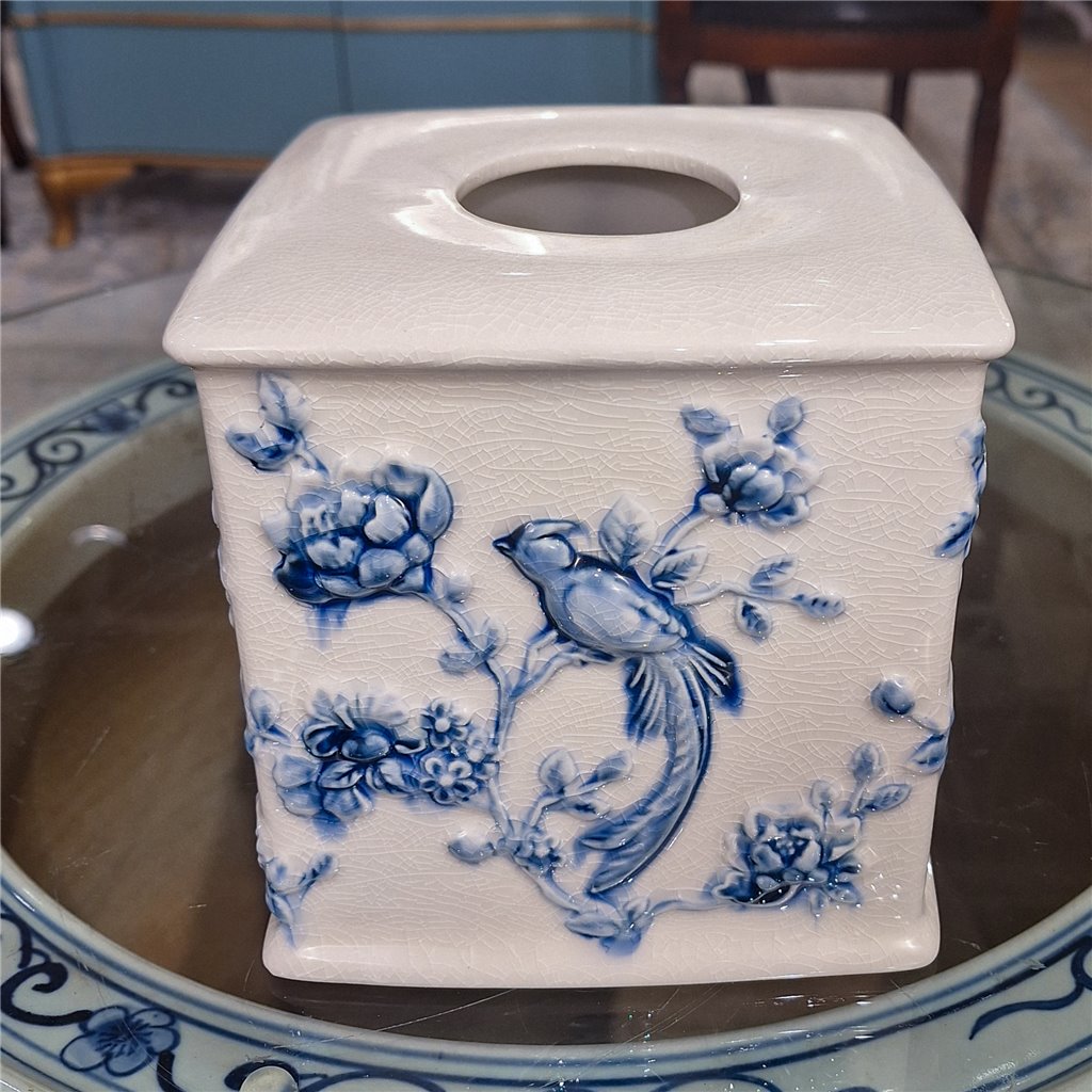 Danny's Fine Porcelain Blue & White Square Tissue Box Cover in Embossed Bird Pattern