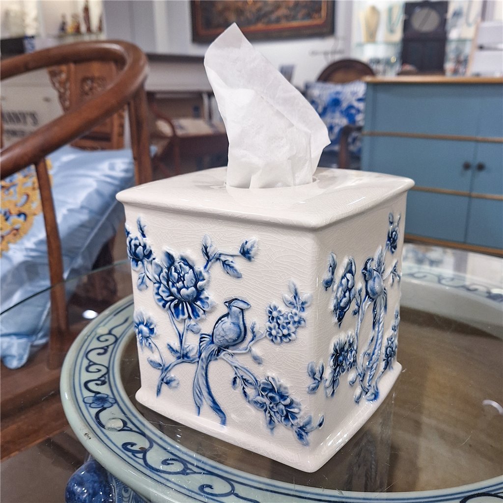 Danny's Fine Porcelain Blue & White Square Tissue Box Cover in Embossed Bird Pattern