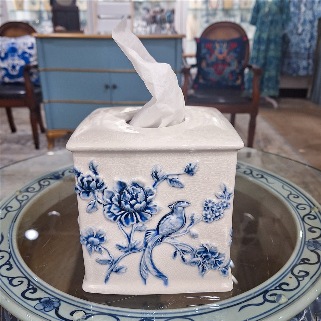 Danny's Fine Porcelain Blue & White Square Tissue Box Cover in Embossed Bird Pattern