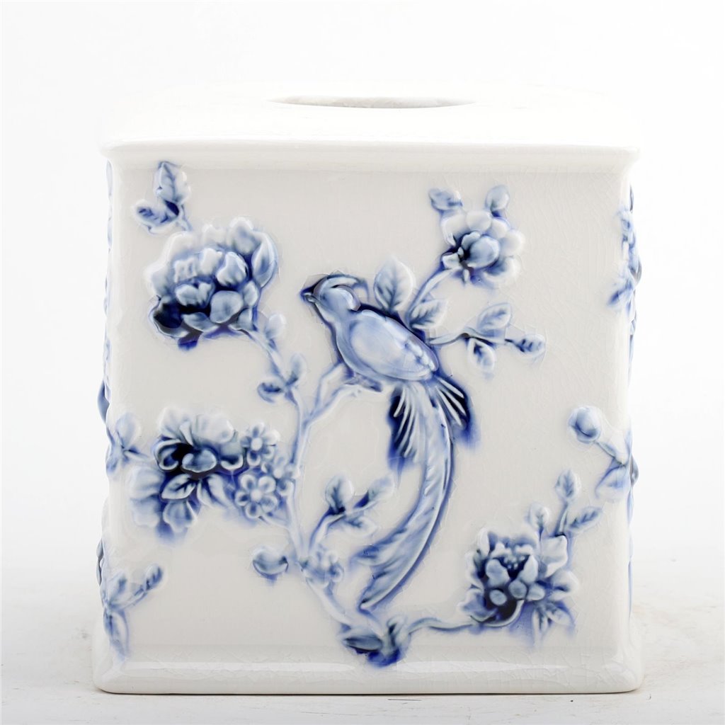 Danny's Fine Porcelain Blue & White Square Tissue Box Cover in Embossed Bird Pattern