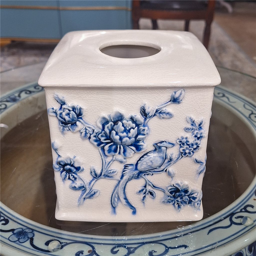 Danny's Fine Porcelain Blue & White Square Tissue Box Cover in Embossed Bird Pattern