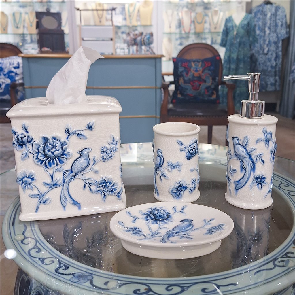 Danny's Fine Porcelain Blue & White Square Tissue Box Cover in Embossed Bird Pattern