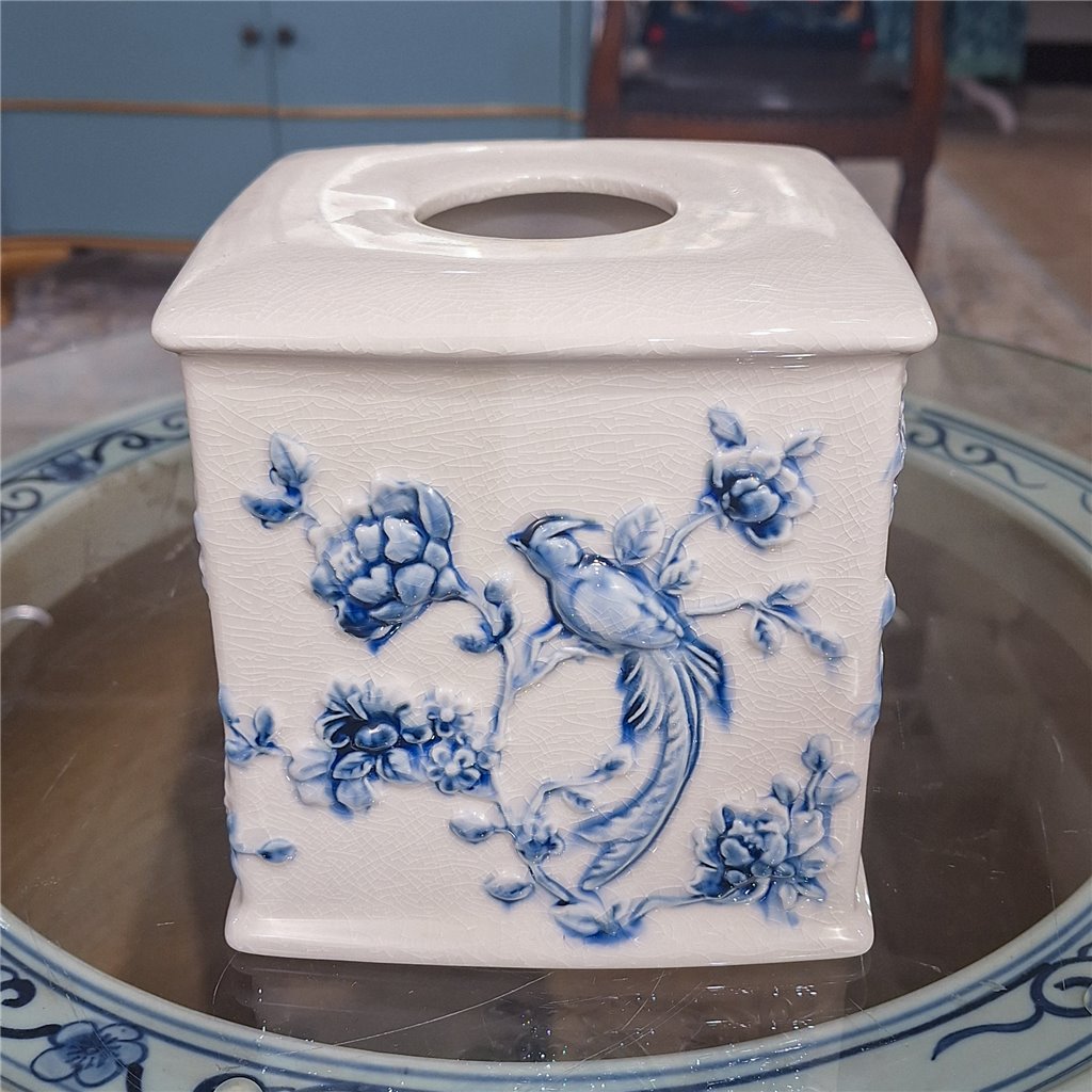 Danny's Fine Porcelain Blue & White Square Tissue Box Cover in Embossed Bird Pattern