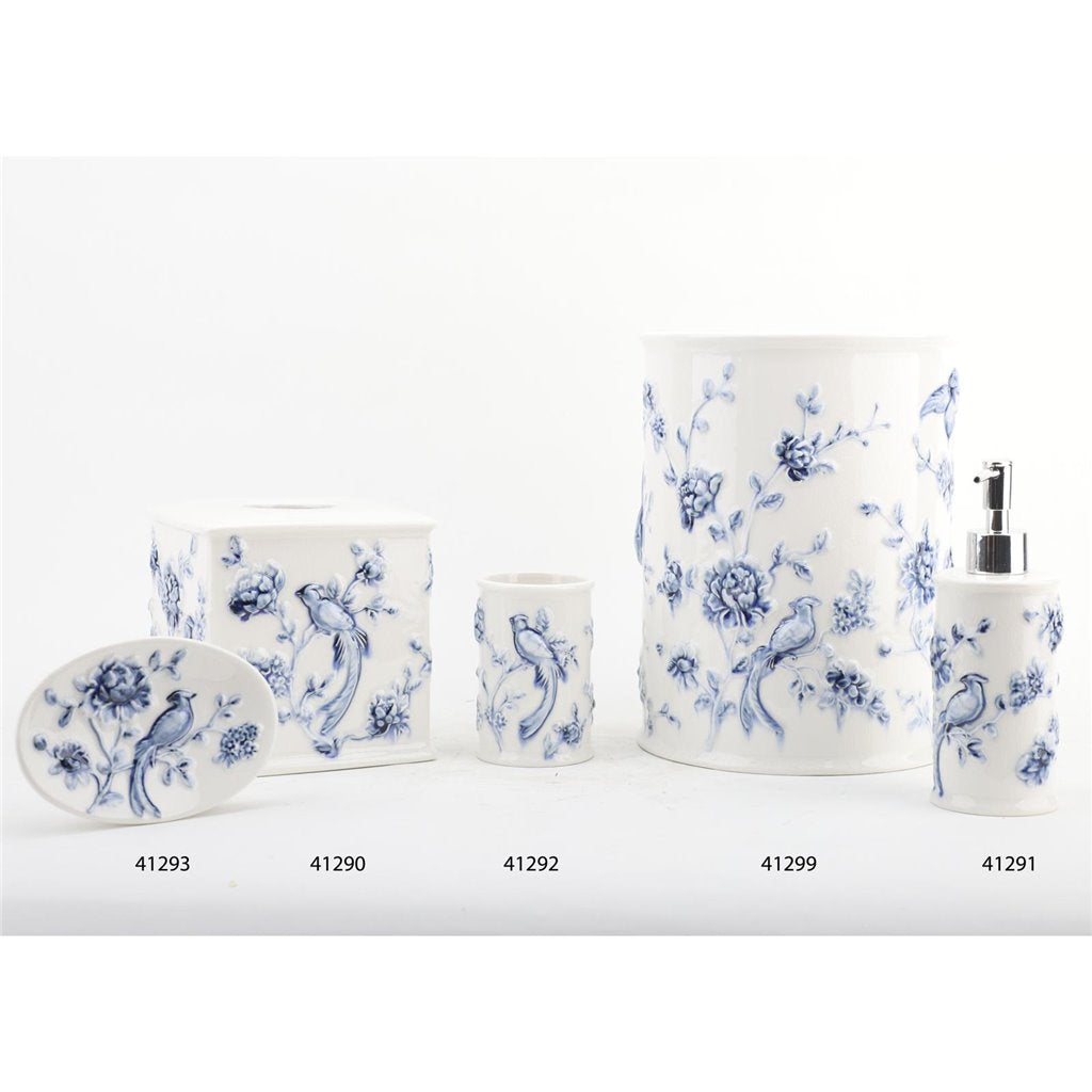 Danny's Fine Porcelain Blue & White Round Waste Bin in Embossed Bird Pattern