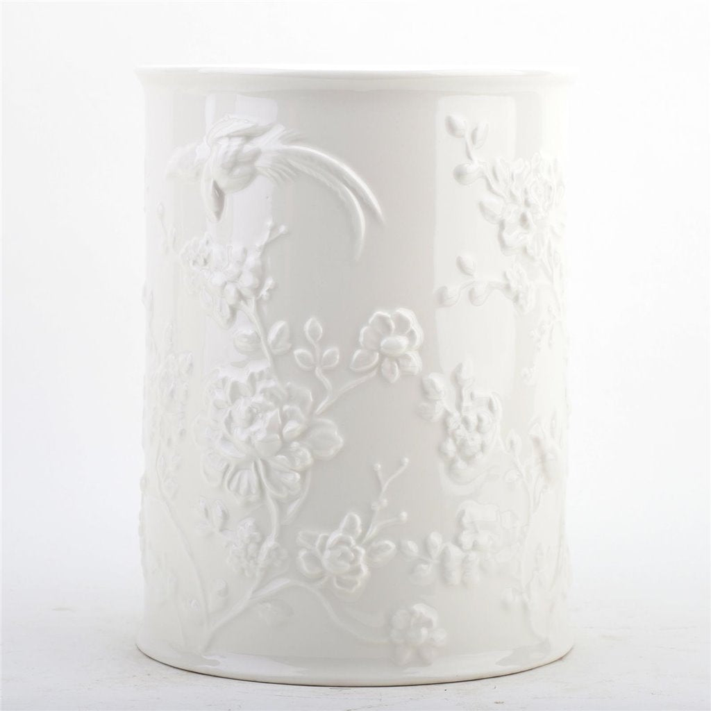Danny's Fine Porcelain Off White Round Waste Bin in Embossed Bird Pattern
