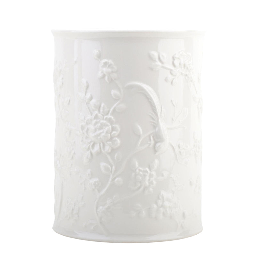 Danny's Fine Porcelain Off White Round Waste Bin in Embossed Bird Pattern
