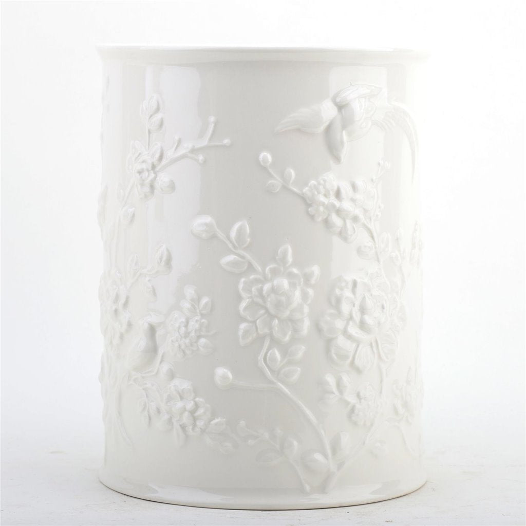 Danny's Fine Porcelain Off White Round Waste Bin in Embossed Bird Pattern
