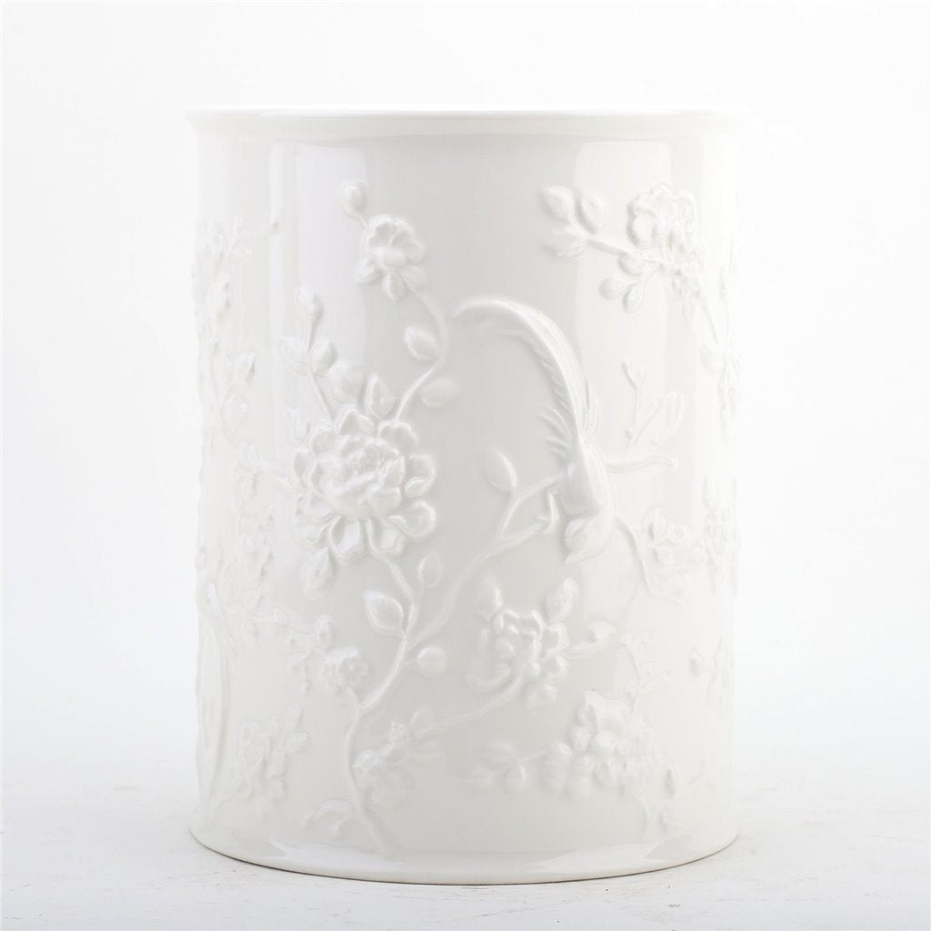 Danny's Fine Porcelain Off White Round Waste Bin in Embossed Bird Pattern
