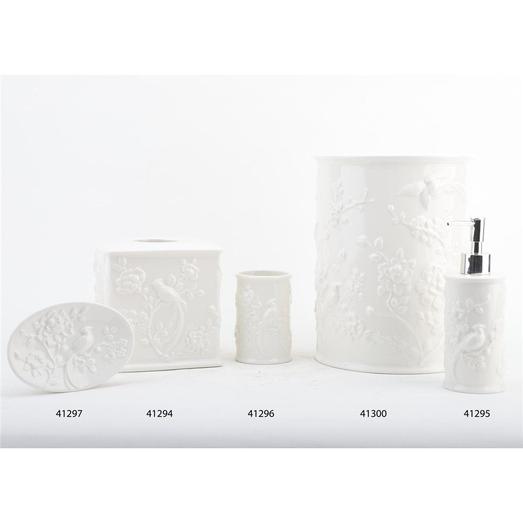 Danny's Fine Porcelain Off White Round Waste Bin in Embossed Bird Pattern