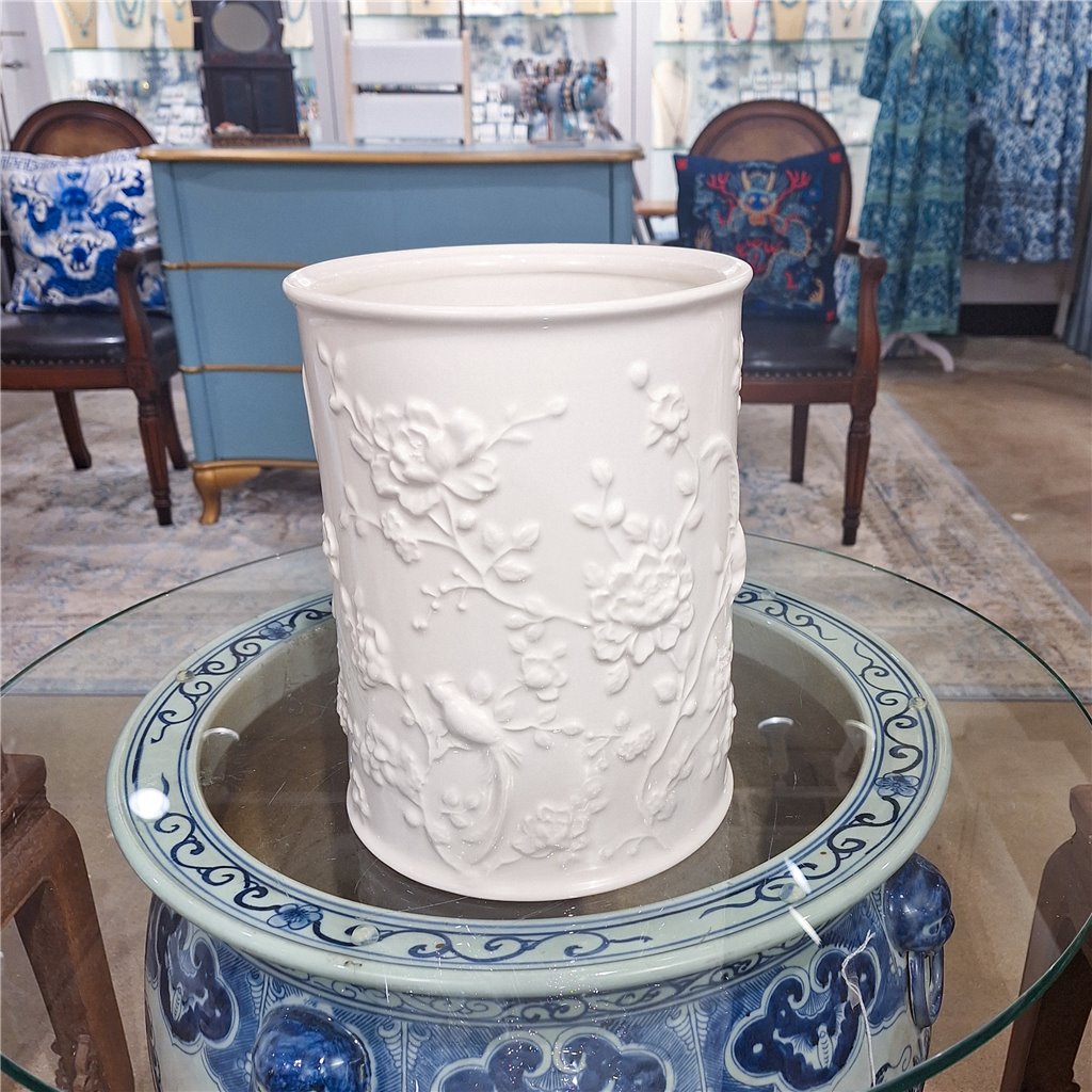 Danny's Fine Porcelain Off White Round Waste Bin in Embossed Bird Pattern