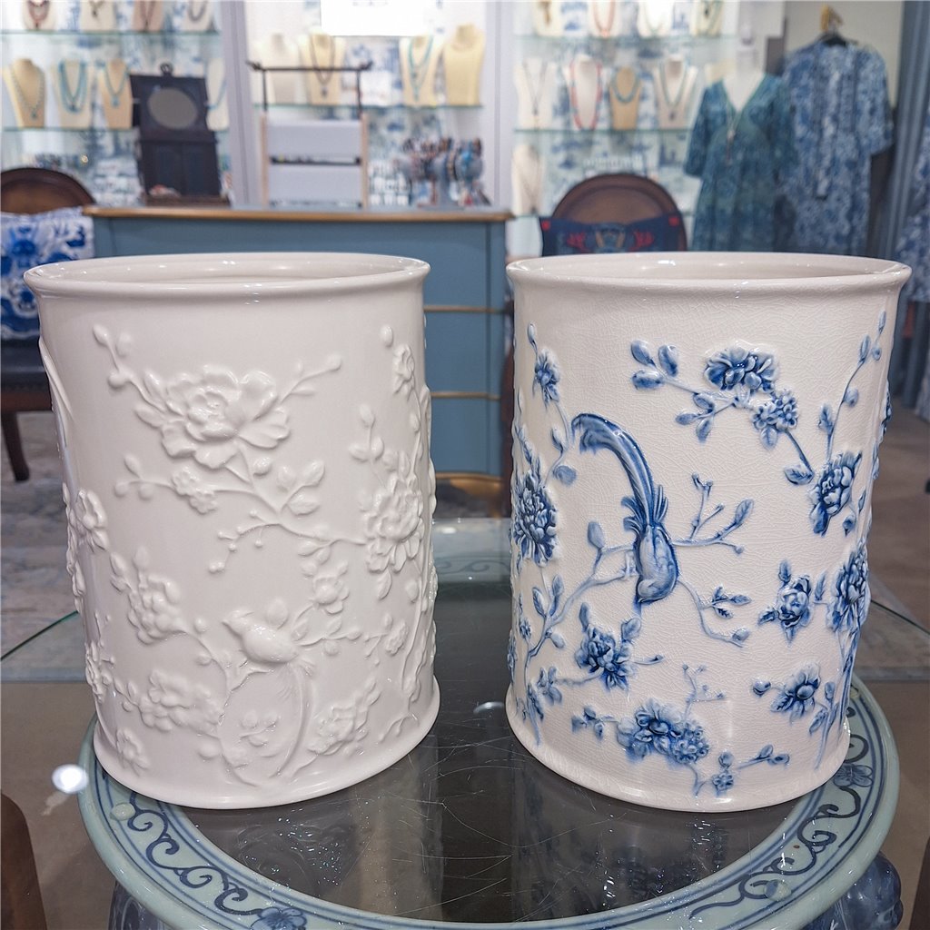 Danny's Fine Porcelain Off White Round Waste Bin in Embossed Bird Pattern
