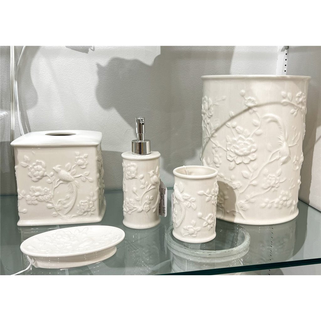 Danny's Fine Porcelain Off White Round Waste Bin in Embossed Bird Pattern