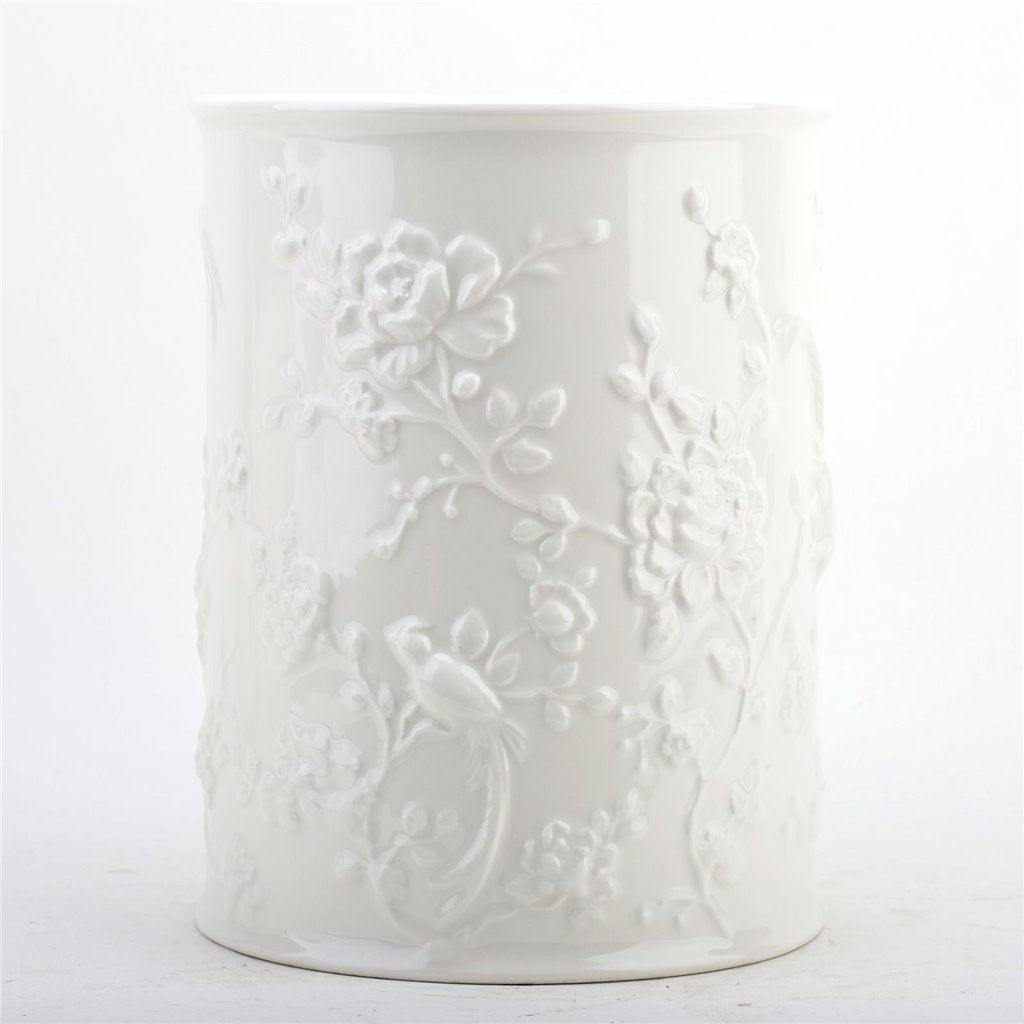 Danny's Fine Porcelain Off White Round Waste Bin in Embossed Bird Pattern