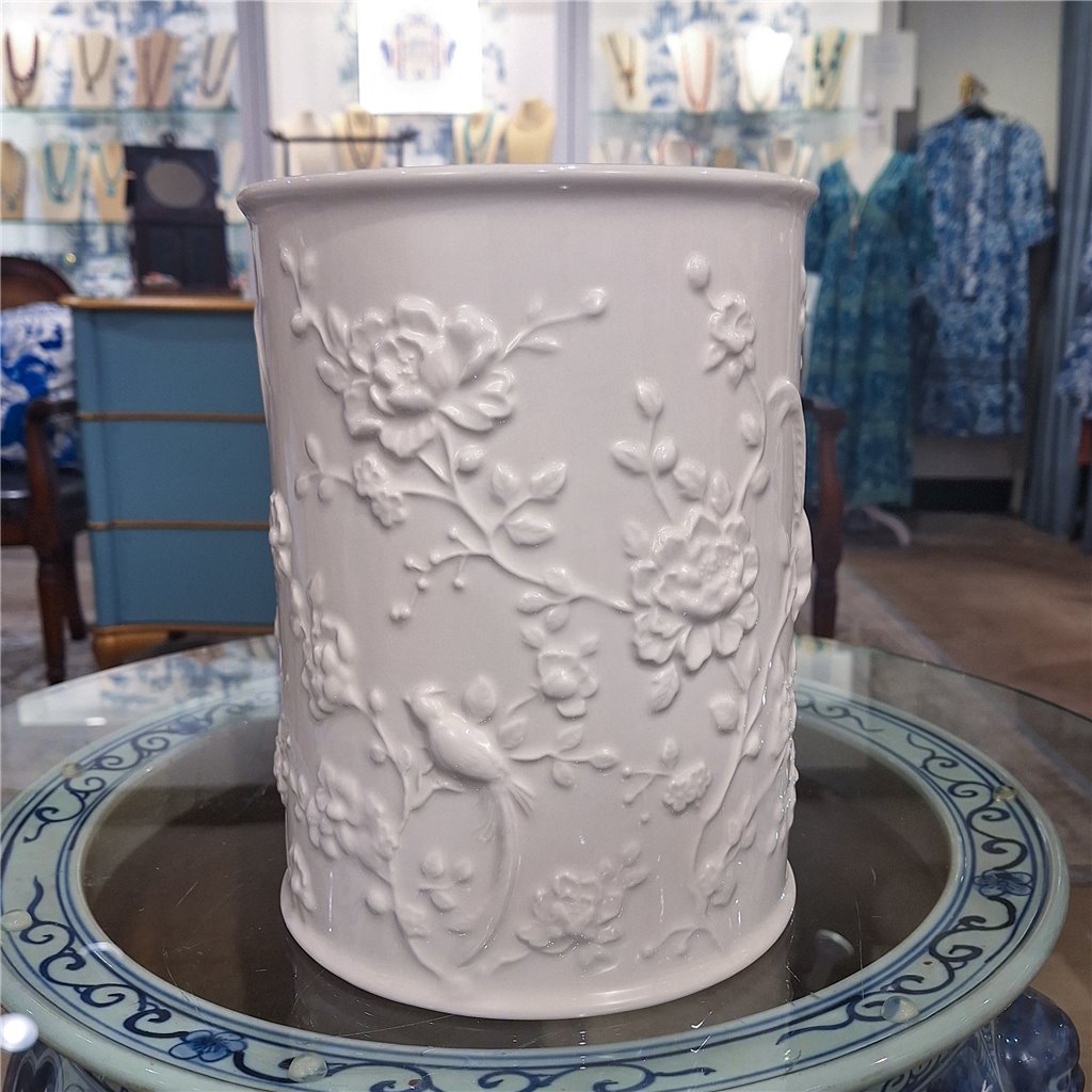 Danny's Fine Porcelain Off White Round Waste Bin in Embossed Bird Pattern