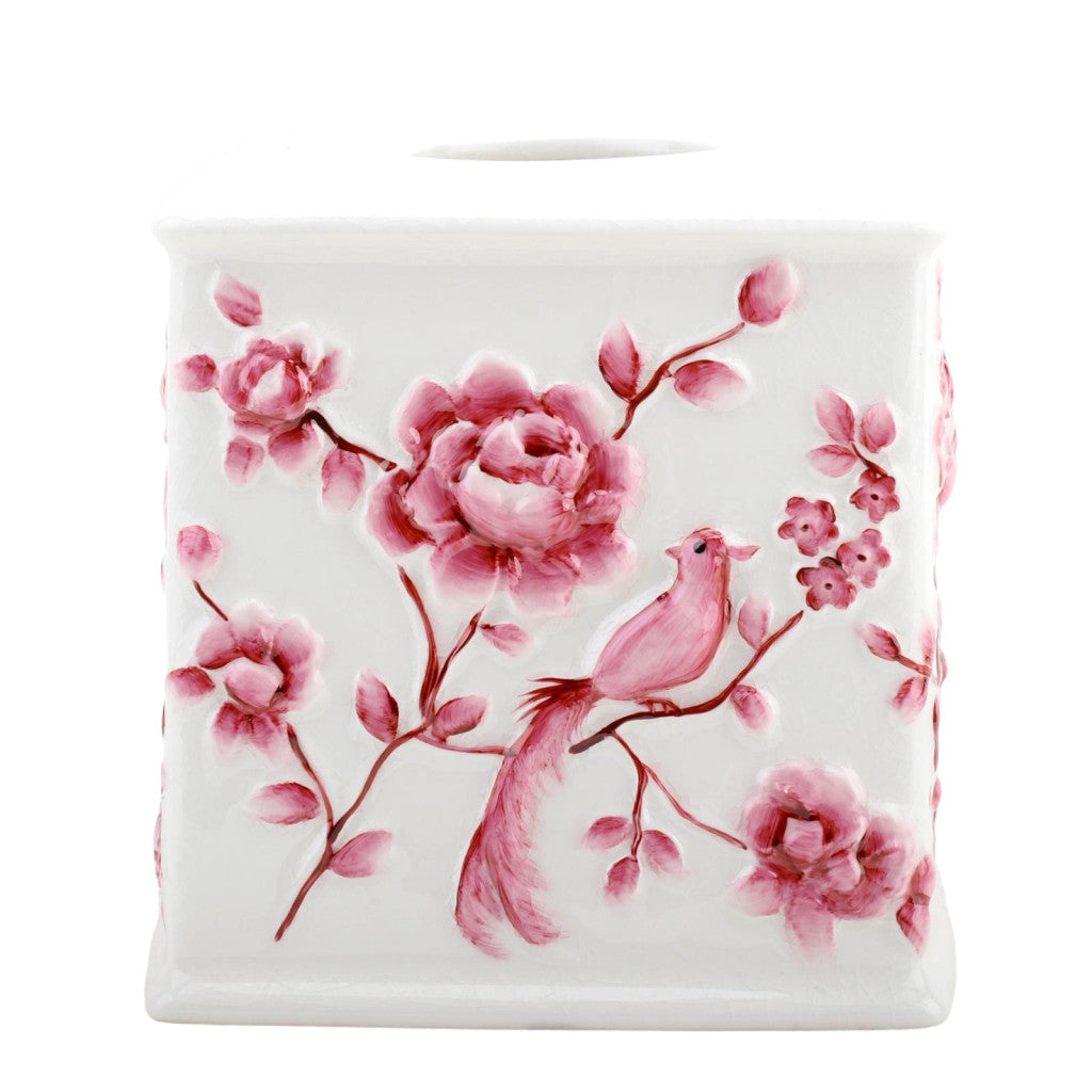 Danny's Fine Porcelain Pink and Wite Square Tissue Box Cover in Embossed Bird Pattern