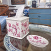 Danny's Fine Porcelain Pink and Wite Square Tissue Box Cover in Embossed Bird Pattern