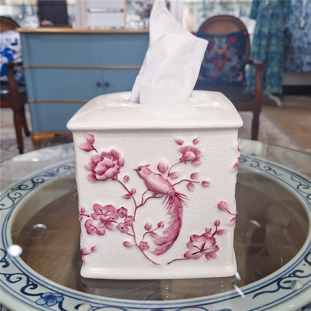 Danny's Fine Porcelain Pink and Wite Square Tissue Box Cover in Embossed Bird Pattern