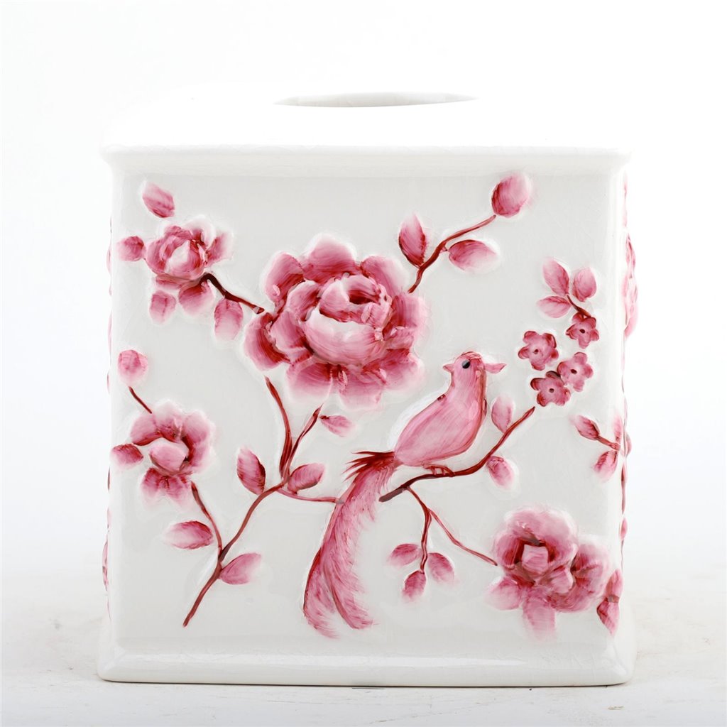 Danny's Fine Porcelain Pink and Wite Square Tissue Box Cover in Embossed Bird Pattern
