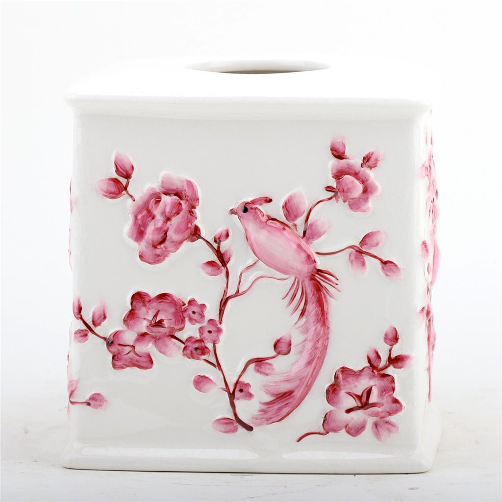 Danny's Fine Porcelain Pink and Wite Square Tissue Box Cover in Embossed Bird Pattern