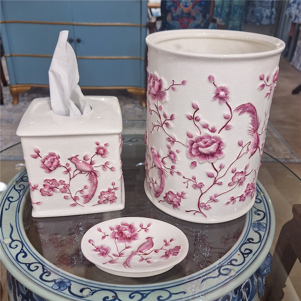 Danny's Fine Porcelain Pink and Wite Square Tissue Box Cover in Embossed Bird Pattern